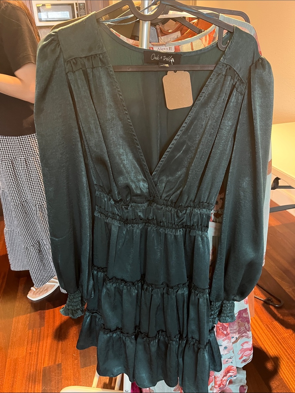 OAK + FORT Forest Green Satin Tiered Mini Dress